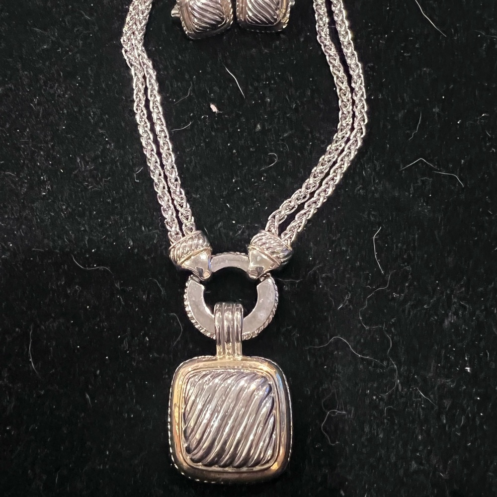 Silver and Gold Tone Pendant and Matching Earrings Set - New
